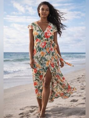 Band of the Free Faux Wrap Floral Maxi Dress Flowy Beachy Girly size S
